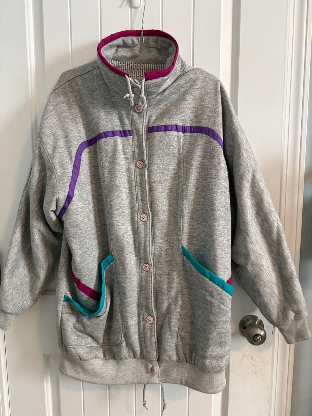 Retro Grey Women's Jacket with Purple & Teal Trim